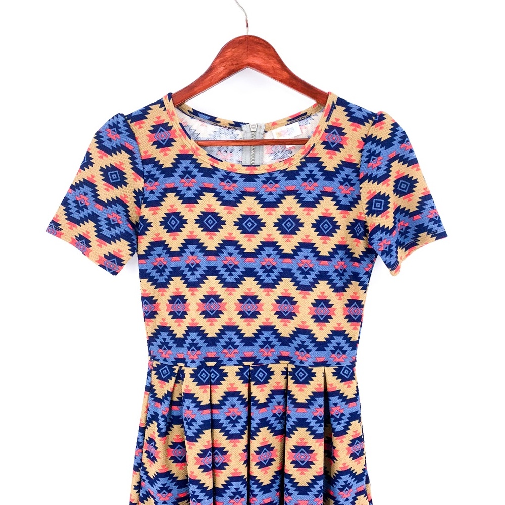 LuLaRoe Amelia Tan & Blue Aztec Short Sleeve Dress - Picture 2 of 7